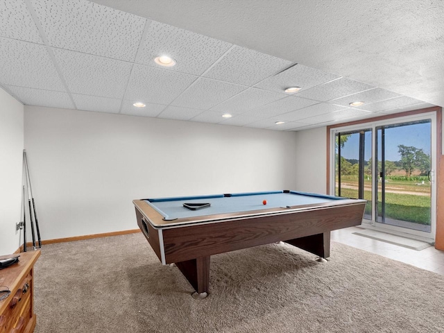 W7031 Hickory Ln, Elkhart Lake, WI 53020 - rec room with light carpet, baseboards, pool table, a paneled ceiling, and recessed lighting