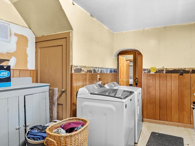 W7031 Hickory Ln, Elkhart Lake, WI 53020 - laundry room featuring washer and dryer, laundry area, a wainscoted wall, and wood walls