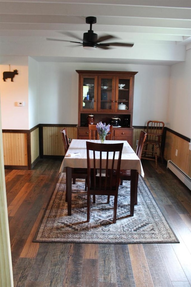 dining area featuring ceiling fan and dark wood-type flooring