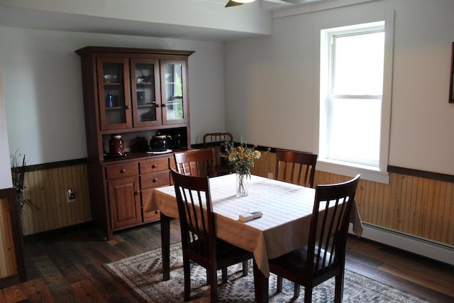 dining space with dark hardwood / wood-style floors, baseboard heating, wooden walls, and ceiling fan