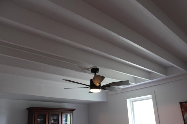 interior details featuring beamed ceiling and ceiling fan