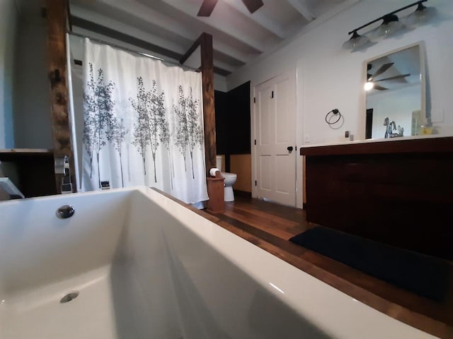 bathroom with ceiling fan, vanity, toilet, and wood-type flooring