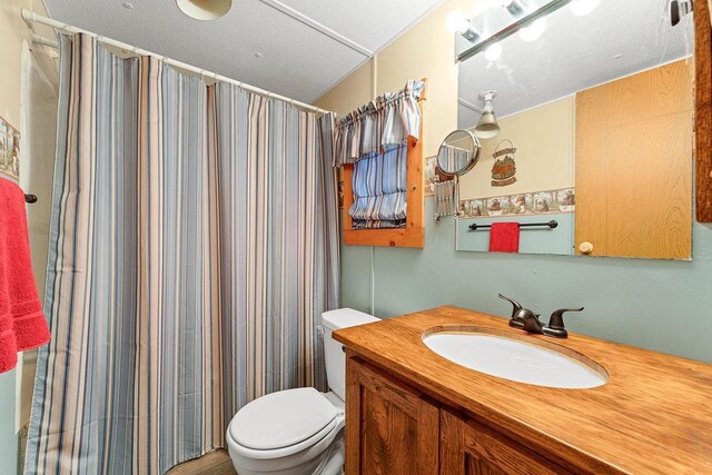 bathroom featuring a shower with curtain, vanity, and toilet