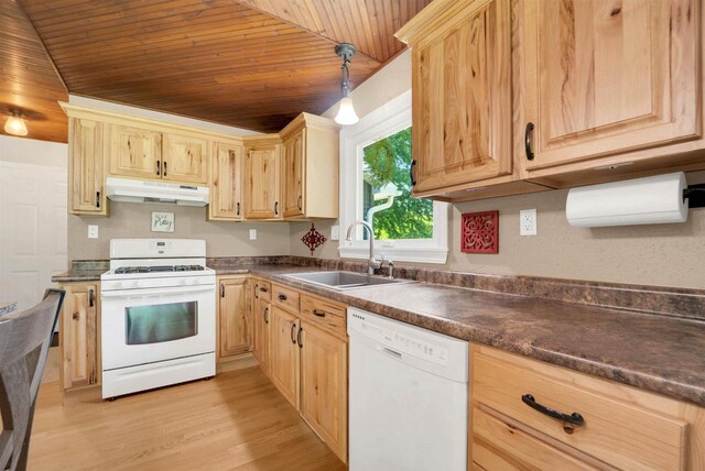 W12203 State Road 23, Ripon, WI 54971 - kitchen with light wood-type flooring, white appliances, sink, and wooden ceiling