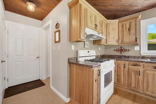 W12203 State Road 23, Ripon, WI 54971 - kitchen with light brown cabinetry, wooden ceiling, white gas range, and light tile patterned floors