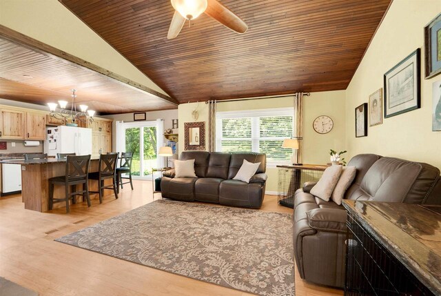 W12203 State Road 23, Ripon, WI 54971 - living room featuring wood ceiling, light hardwood / wood-style flooring, and ceiling fan with notable chandelier