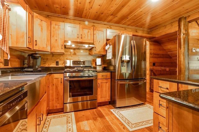 kitchen featuring wood ceiling, dark stone countertops, wooden walls, stainless steel appliances, and light wood-type flooring