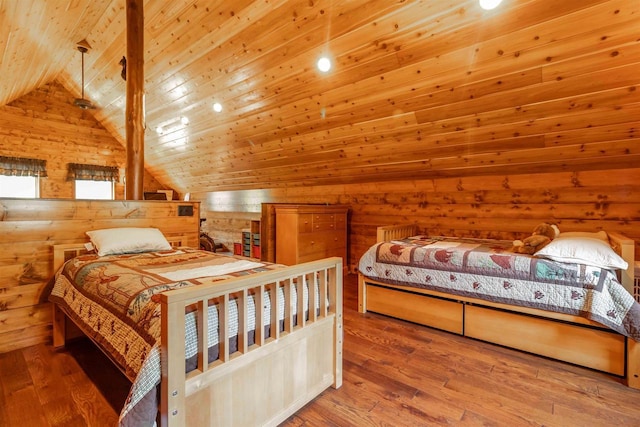 bedroom featuring wood-type flooring, wooden walls, vaulted ceiling, and wooden ceiling