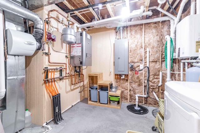 utility room featuring water heater and electric panel