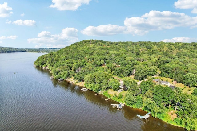 aerial view featuring a forest view and a water view