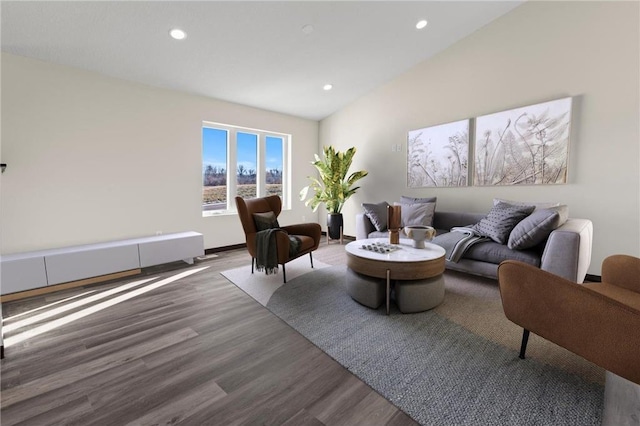 living room with vaulted ceiling and hardwood / wood-style flooring