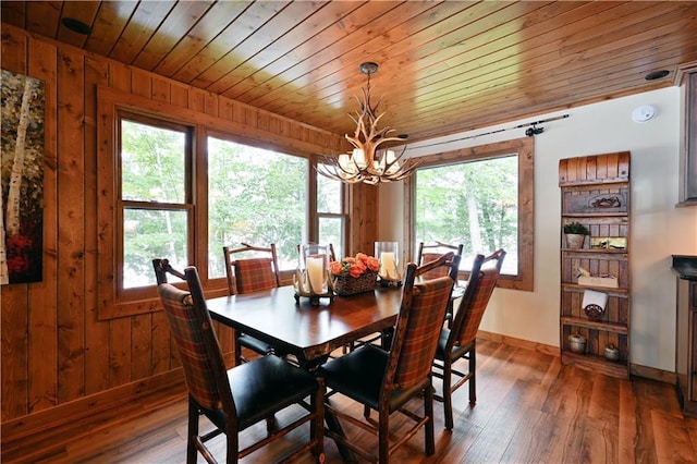 dining area with plenty of natural light, dark hardwood / wood-style floors, and wooden ceiling