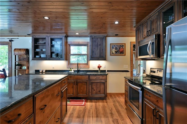 kitchen with plenty of natural light, stainless steel appliances, sink, and dark stone countertops