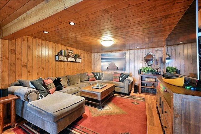 living room with wood ceiling, wood-type flooring, and wooden walls