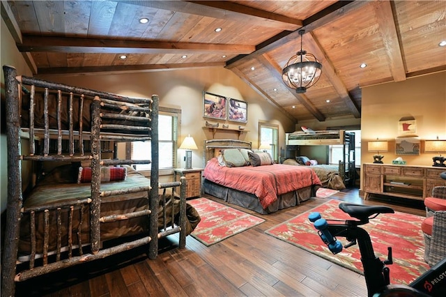 bedroom with hardwood / wood-style floors, beam ceiling, high vaulted ceiling, wooden ceiling, and a chandelier