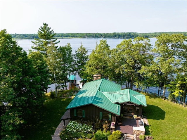 drone / aerial view with a water view