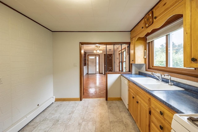 kitchen featuring sink, white dishwasher, a baseboard heating unit, stove, and light tile patterned floors