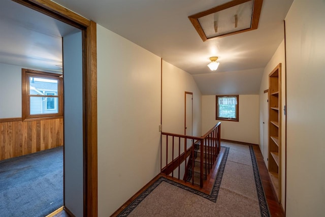 hallway with carpet flooring, lofted ceiling, and a healthy amount of sunlight