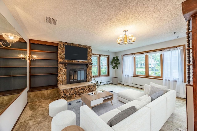 living room with a stone fireplace, a textured ceiling, and light colored carpet