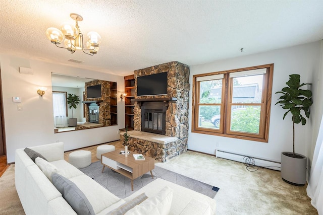 living room with a notable chandelier, a textured ceiling, baseboard heating, light colored carpet, and a stone fireplace