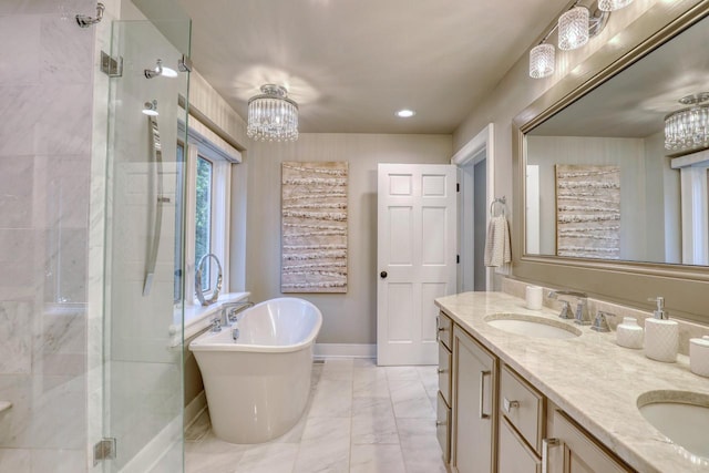 bathroom featuring vanity and plus walk in shower