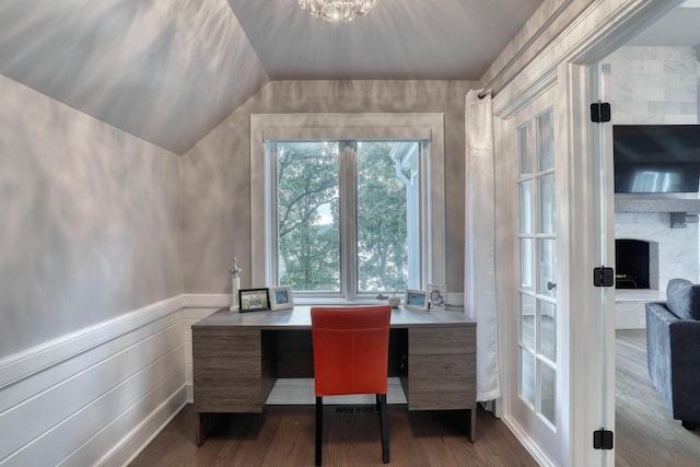 office featuring dark hardwood / wood-style floors and vaulted ceiling