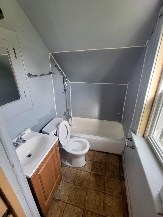 full bathroom featuring shower / tub combination, tile patterned floors, vanity, and toilet