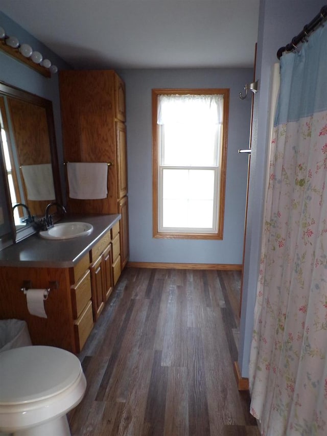 bathroom featuring wood-type flooring, vanity, toilet, and a shower with shower curtain