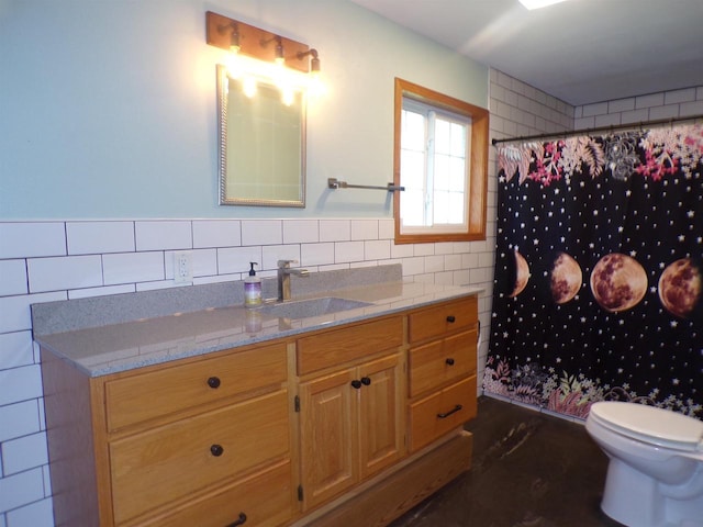 bathroom featuring vanity, tile walls, toilet, and a shower with shower curtain