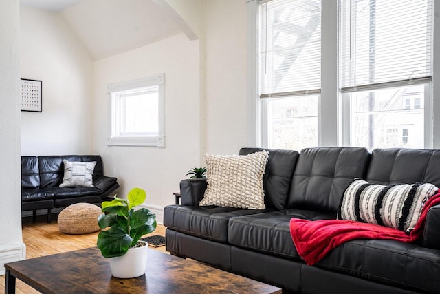 living room with lofted ceiling and hardwood / wood-style floors