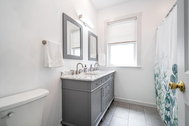 bathroom featuring vanity, toilet, and tile patterned flooring