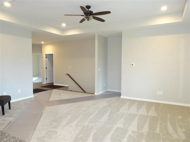 carpeted spare room with a tray ceiling and ceiling fan