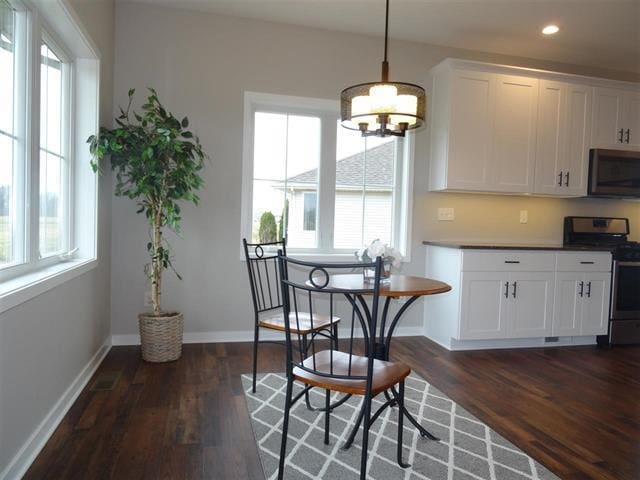 kitchen featuring stainless steel appliances, white cabinetry, dark wood-type flooring, and pendant lighting