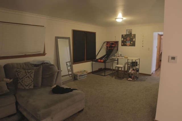 living room with carpet flooring and ornamental molding