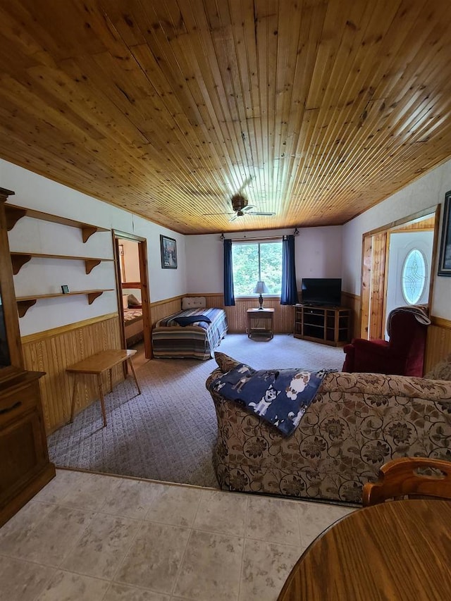 interior space featuring wooden walls and wooden ceiling