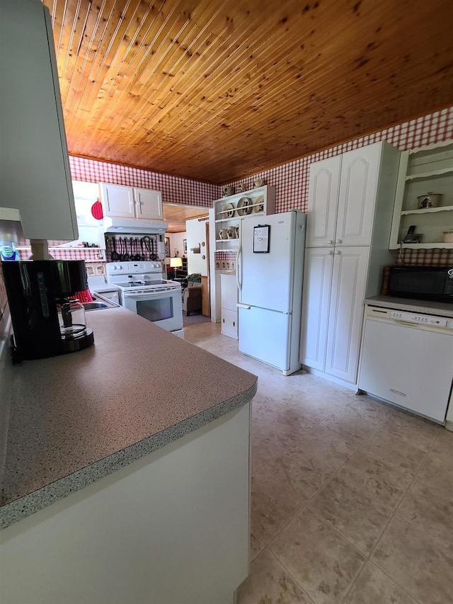 kitchen featuring white cabinetry, wood ceiling, and white appliances