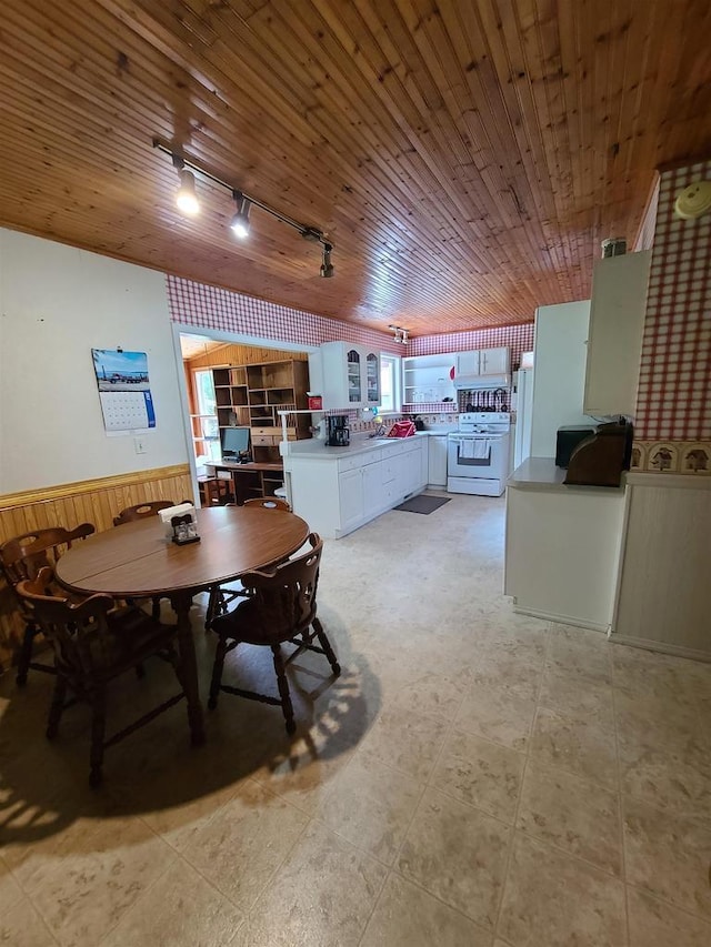 dining room with track lighting, wooden ceiling, and wooden walls