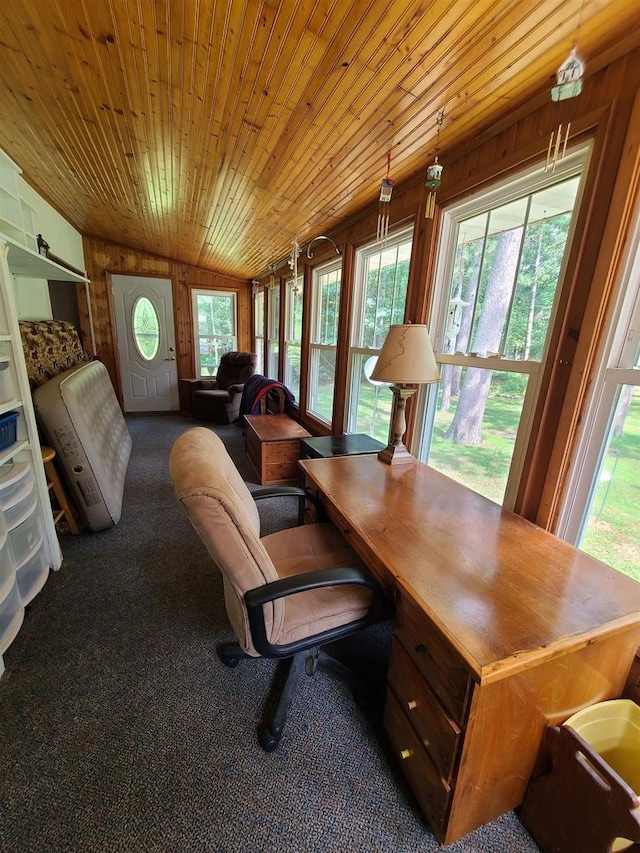 carpeted office with wood ceiling