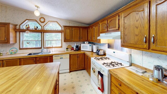 20649 Julia Rd, Clifton, WI 54618 - kitchen featuring sink, white appliances, butcher block counters, a textured ceiling, and vaulted ceiling