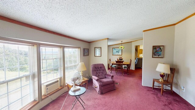 20649 Julia Rd, Clifton, WI 54618 - living area featuring cooling unit, crown molding, a textured ceiling, and carpet flooring