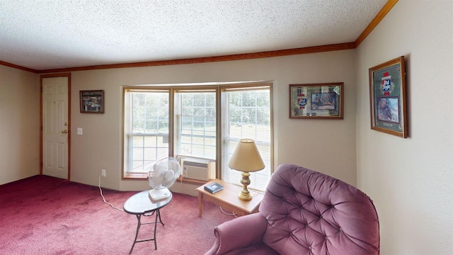 20649 Julia Rd, Clifton, WI 54618 - sitting room featuring cooling unit, ornamental molding, carpet flooring, and a textured ceiling
