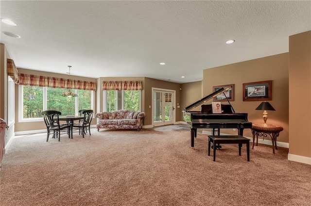 interior space featuring carpet floors and a textured ceiling