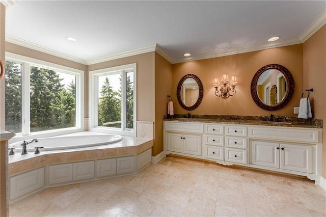 bathroom featuring a tub, tile patterned flooring, crown molding, and double vanity