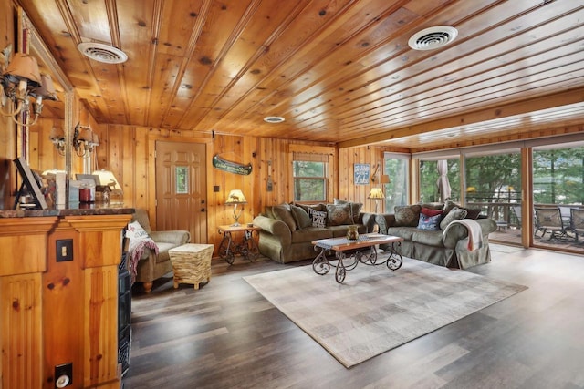 living room with dark wood-type flooring, wooden ceiling, and wood walls