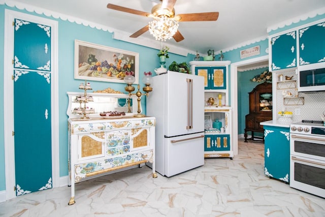 kitchen featuring backsplash and white appliances