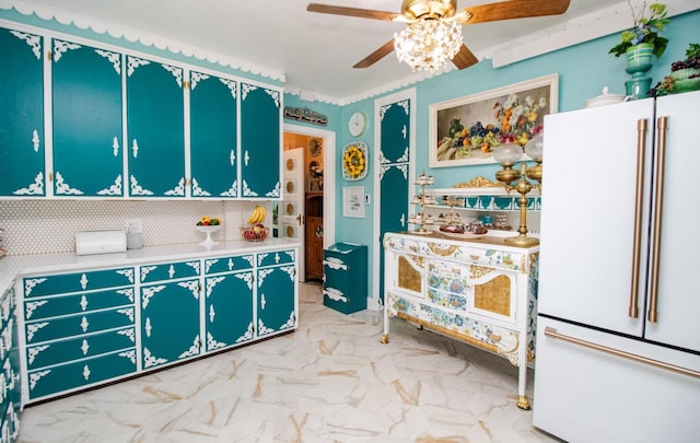 kitchen featuring ceiling fan and high end white refrigerator