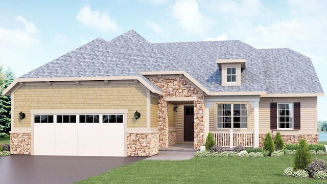 craftsman-style home featuring a garage and a front lawn