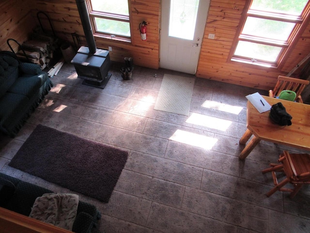 living room with wood walls