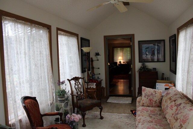 carpeted living room with lofted ceiling, a wealth of natural light, and ceiling fan