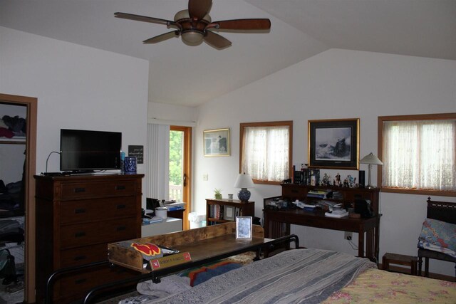 bedroom with ceiling fan and lofted ceiling